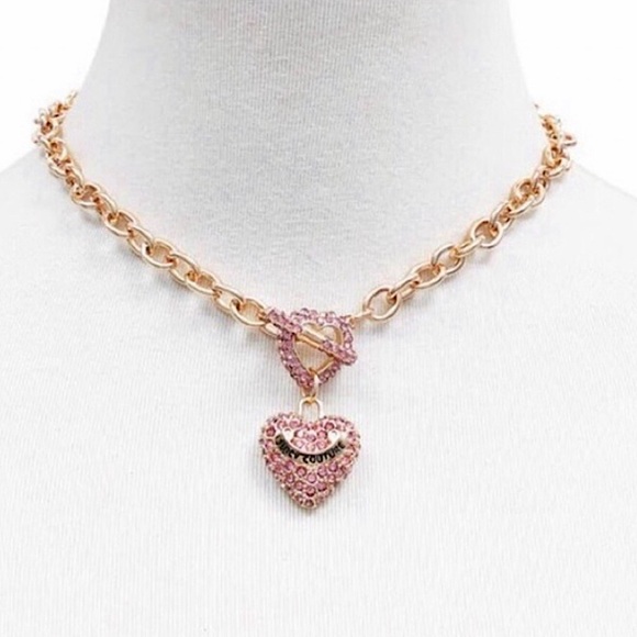 JUICY COUTURE PINK HEART PAVE Chain Link Necklace Pinkish-Gold 💞💎🎅🎀✨ - Picture 2 of 7